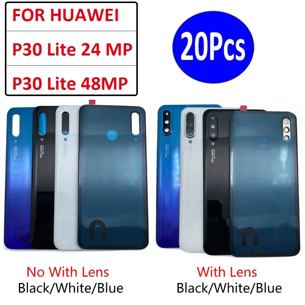 20pcs，new-back-battery-cover-door-rear-housing-case-replace-with-adhesive-with-frame-camera-lens-for-huawei-p30-lite-24-mp-48-mp