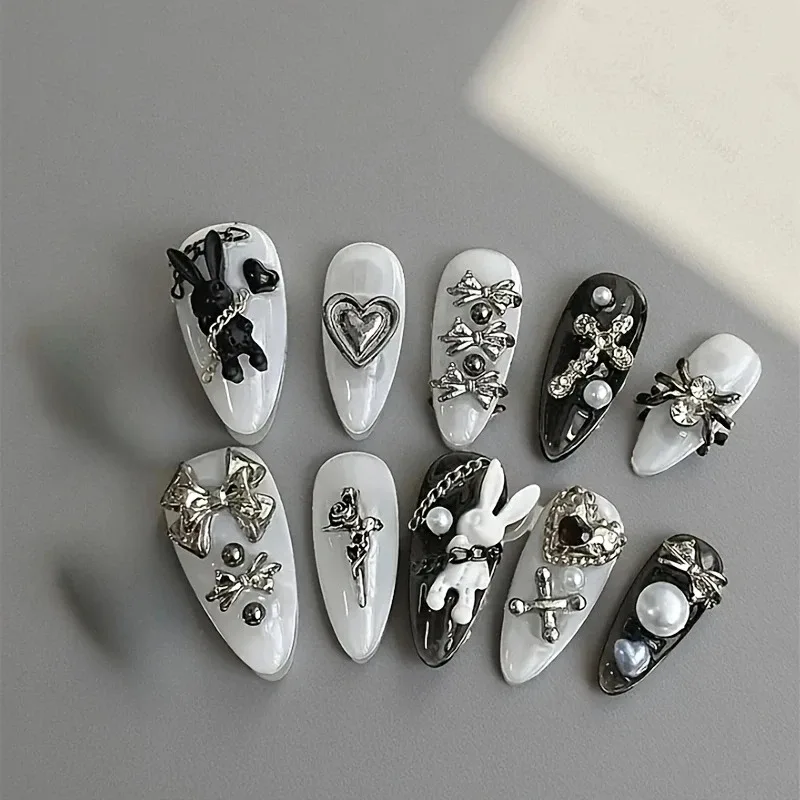 

10pcs personalized black and white nail art, rabbit and bow decoration - Gothic minimalist style, suitable for daily wear