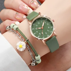 2PCS/Set Women's Watch Fashion Arabic Dial Leather Band Quartz Watches Flower Bracelet Set