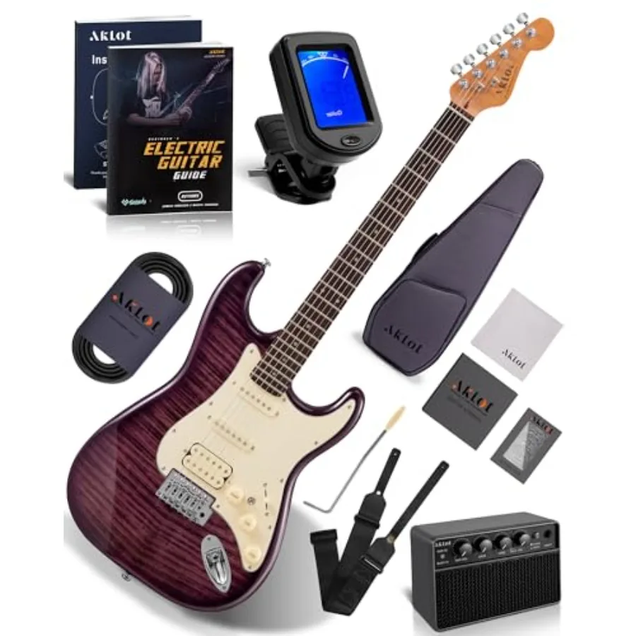

Набор для начинающих: электрогитара с усилителем 10 Вт, раздельными звукоснимателями HSS, грифом из обработанного клёна, цветом Violet Venom, включает учебник и чехол для переноски.