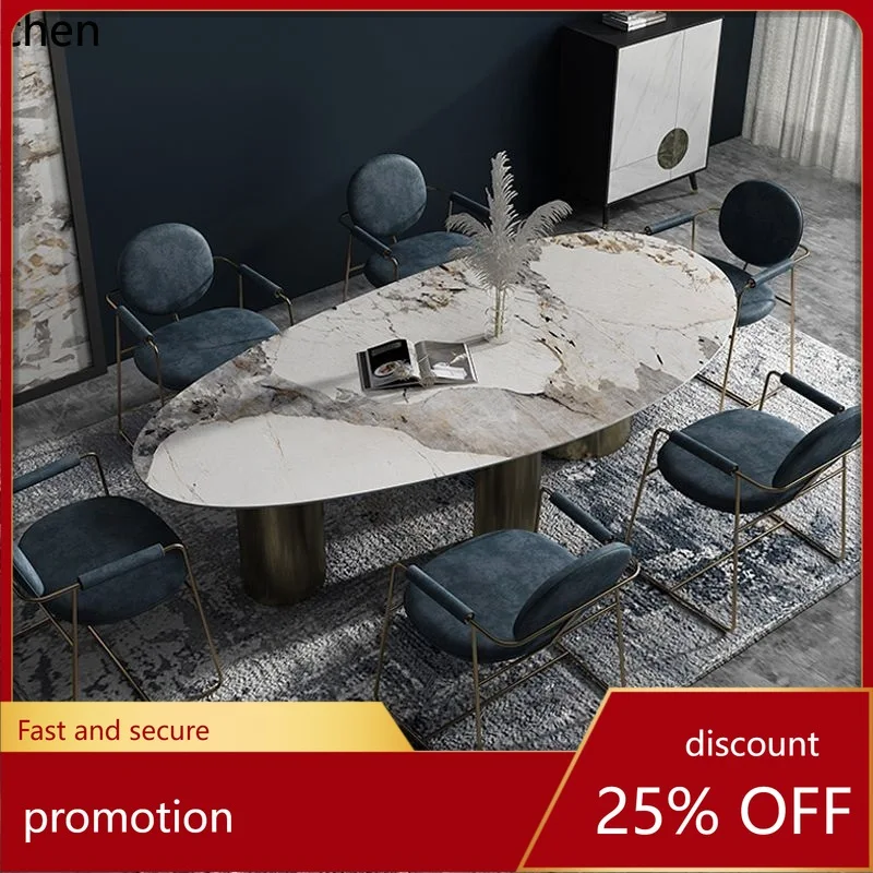 

CZ Glossy Rock Slab Dining Table Set Living Room Oval Irregular Marble