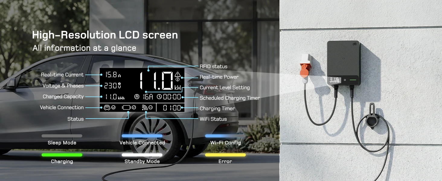 dé Wallbox Typ 2 11kW 16A 3-Phasen-Ladestation mit Tuya Smart App-Steuerung für Elektrofahrzeuge, 5m 7,5m 10m 12,5m 15m EV-Ladekabel – Detail 11