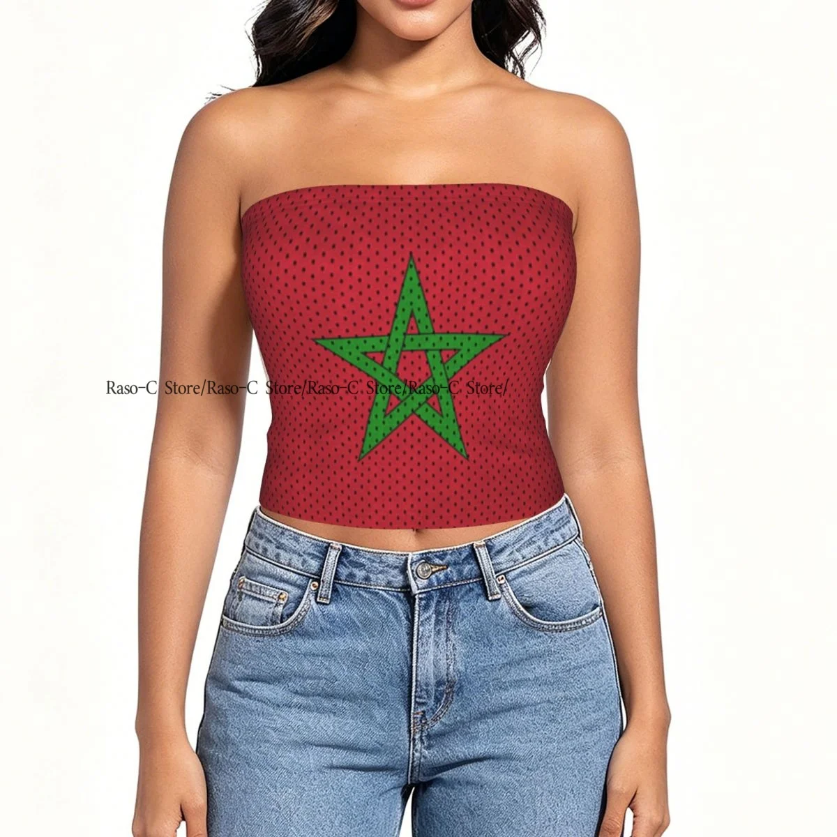 Women Block Crop Slim Tube Top Morocco Flag Print Strapless Top For Summer Female Clothing