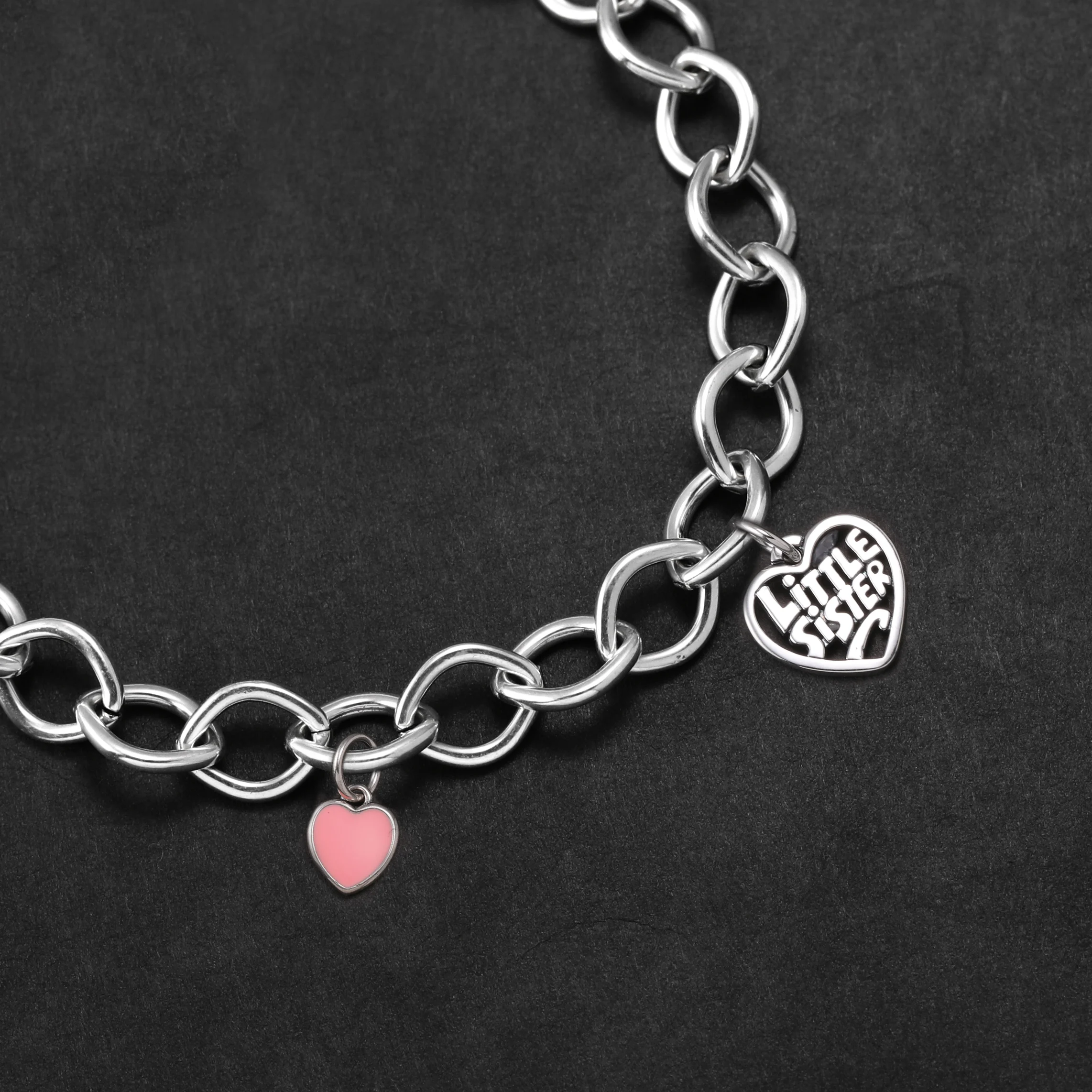 Genuine 925 sterling silver Forged Link Charm Bracelet paired with enamel connected heart and 