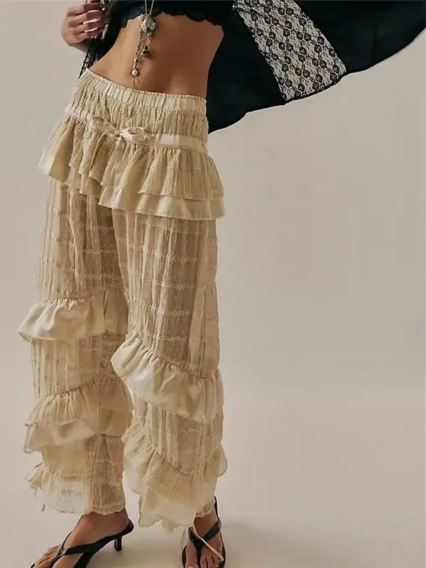 

Женские повседневные брюки с низкой талией, кружевными вставками и прямым кроем, из полиэстера, на молнии, комфортные