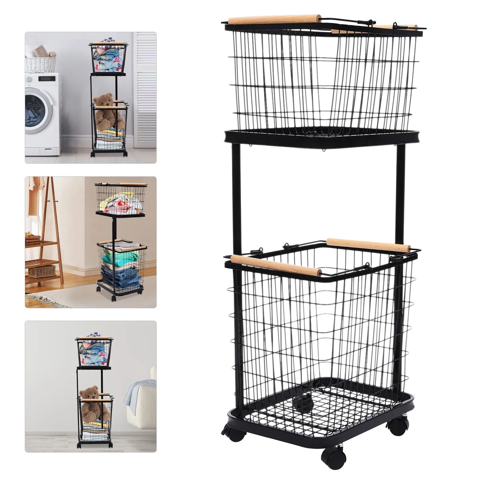 

Black Metal Laundry Basket With Wheels 2-tier Laundry Basket Rectangular Iron