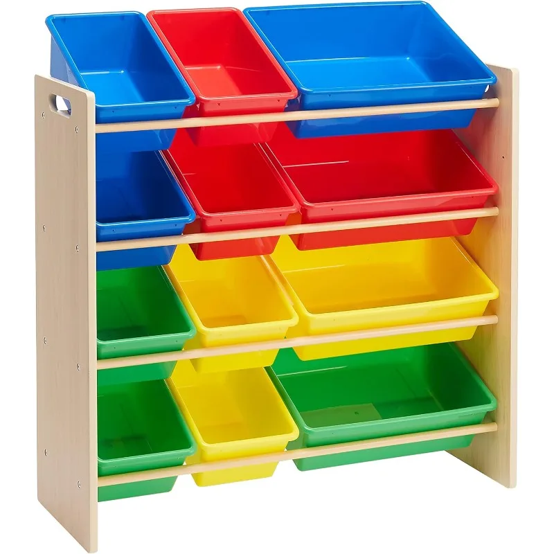 

Kids Toy Storage Organizer With 12 Plastic Bins, Natural Wood With Bright Bins, 10.9" D x 33.6" W x 31.1" H