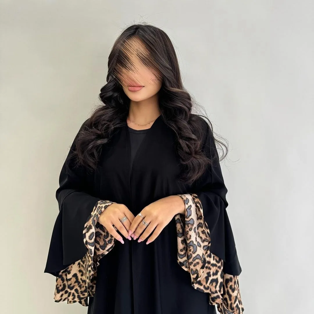 Elegant Arabian New Leopard Print Dress Robe Middle Eastern Muslim Cardigan Abaya Black Party Dresses Real Picture