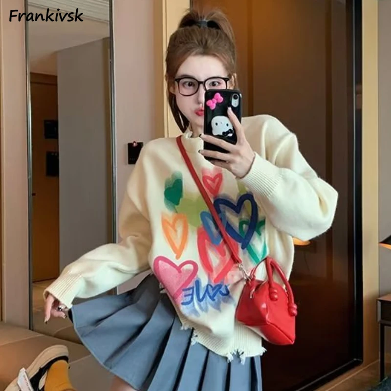 Ripped Pullovers ผู้หญิง Baggy หัวใจพิมพ์สาวหวานถักเสื้อกันหนาวขี้เกียจสไตล์ความงามวิทยาลัยนุ่ม O-คอ Sueter Mujer Chic