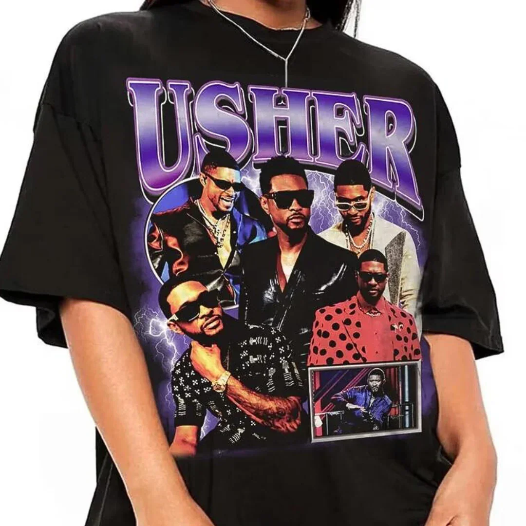 

2025-26 Summer Usher Graphic 100%Pure Cotton Printed Rapper Hip-hop Trend R&B T-shirt Unisex Oversized Casual Y2k Breathable