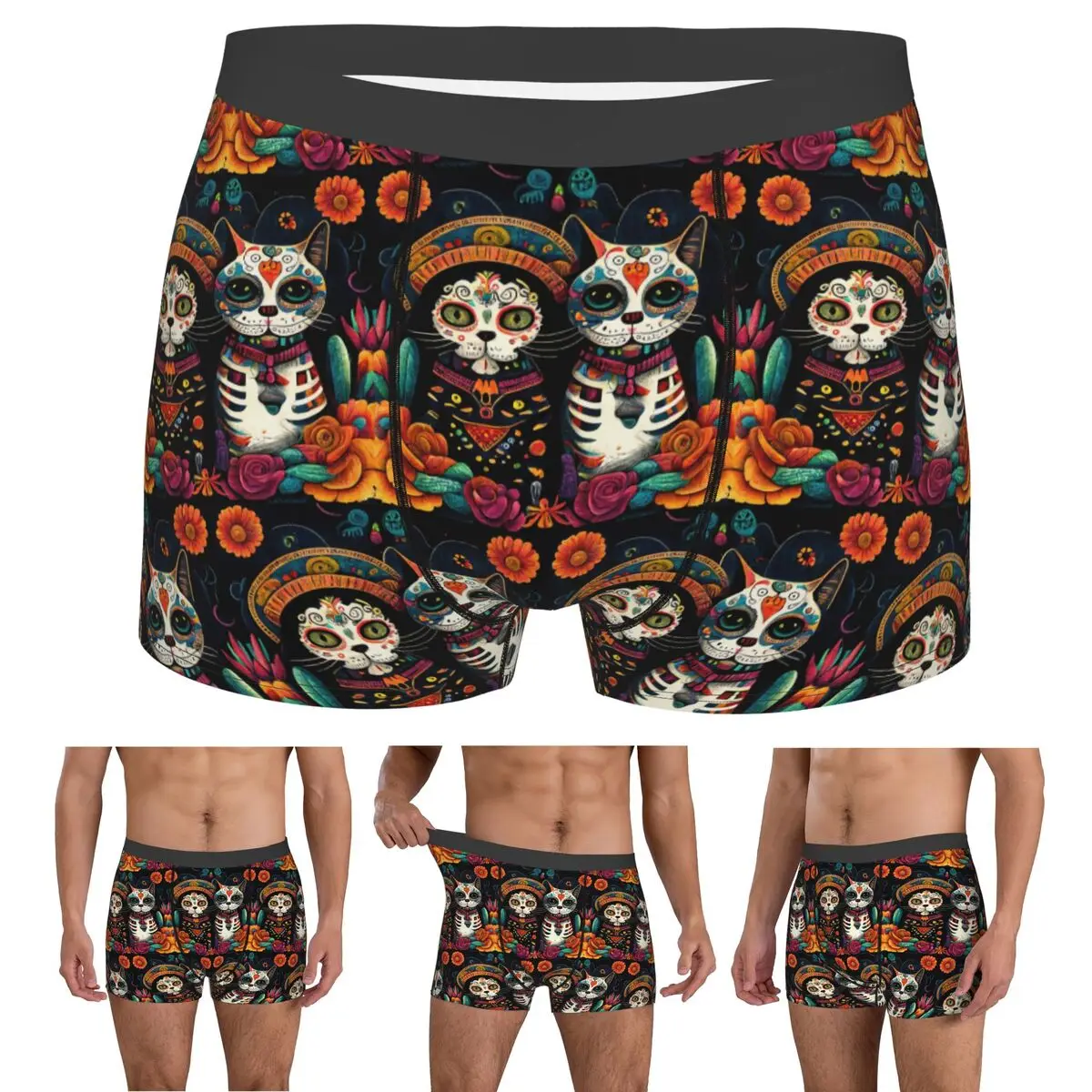 Boxer Underpants Shorts Day Of The Dead Kitten Cat Sugar Skull Dia De Los Muertos Panties Men Breathable Underwear for Man Gift