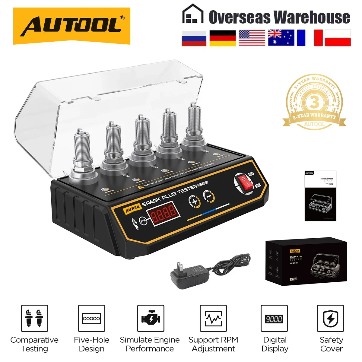 AUTOOL SPT360 Testeur de bougies d'allumage automobile, Analyseur de foudroyage de bougies à cinq trous, Outil de diagnostic automobile 220V, Outils d'inspection et de réparation automobile