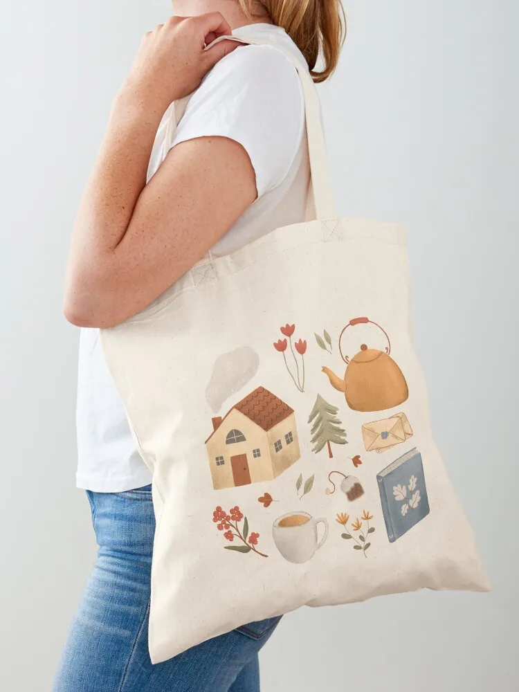 

Cozy Cottage Pattern Tote Bag shopping bags foldable Canvas shoulder bag Beach bag personalized tote
