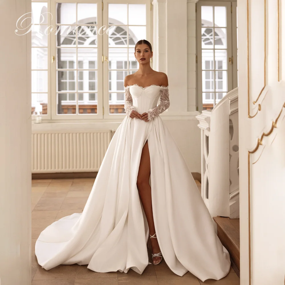 فستان زفاف أنيق مكشوف الكتفين من الدانتيل على شكل حرف a للنساء 2026 بطيات على شكل قلب وفتحة عالية مفتوحة من الخلف فيستدوس دي نوفيا مخصص #1