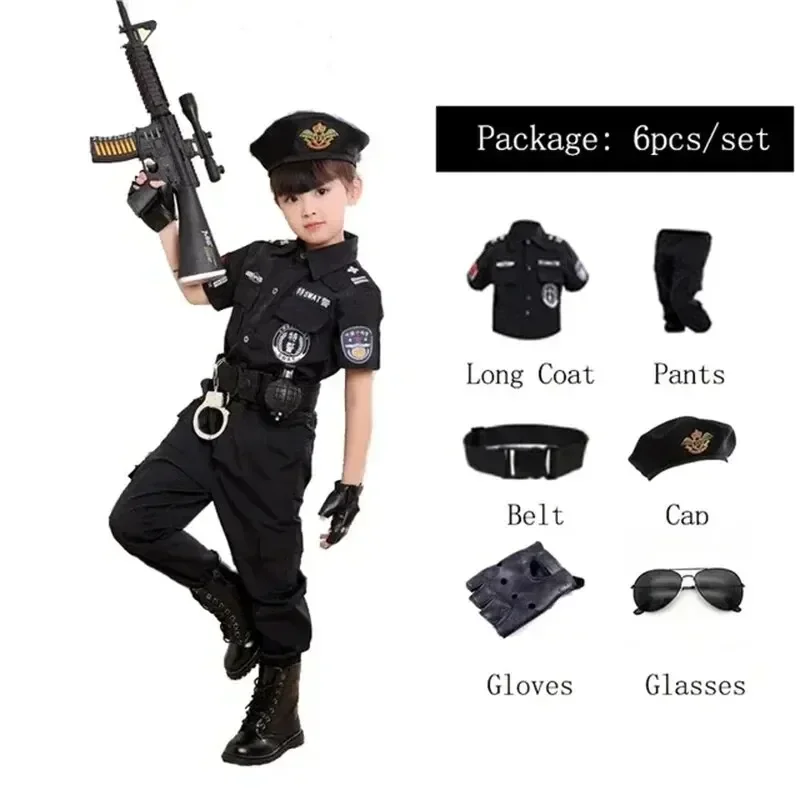 New Kids Uniform Police Costumes Cosplay Kids Police Top Pants Hat Dress Boys Girls Police Clothes Halloween Christmas Gift