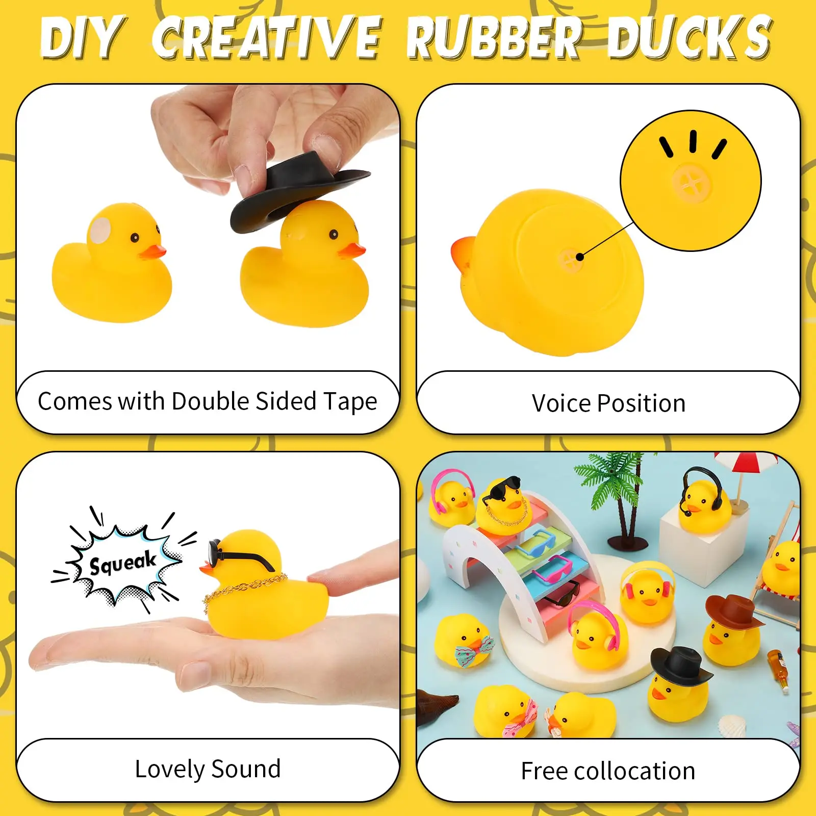 Borracha Duck Bath Toy Bulk, Pato Amarelo Car Ornaments com 12 Óculos De Sol, Chapéu De Cowboy, 12 Bow, 8 Fones De Ouvido, 48 Pcs