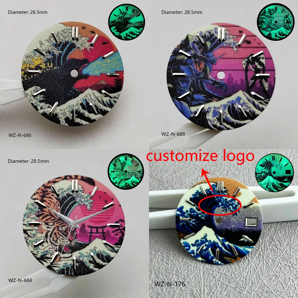 28.5mm NH35 dial Kanagawa green full luminous dial nh36 suitable for NH35/NH36 automatic movement Godzil dial can customize logo
