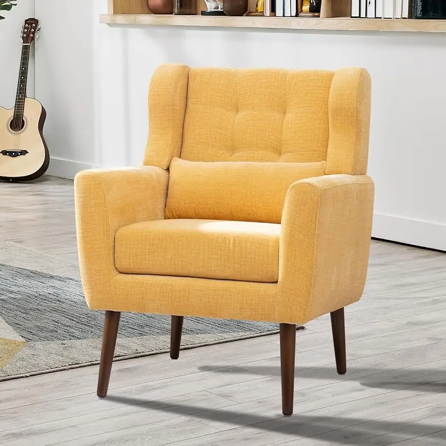 Modern Accent Chair, Upholstered Armchair with Pillow, Fabric Single Sofa Chair with Lounge Seat and Wood Legs Accent Chair