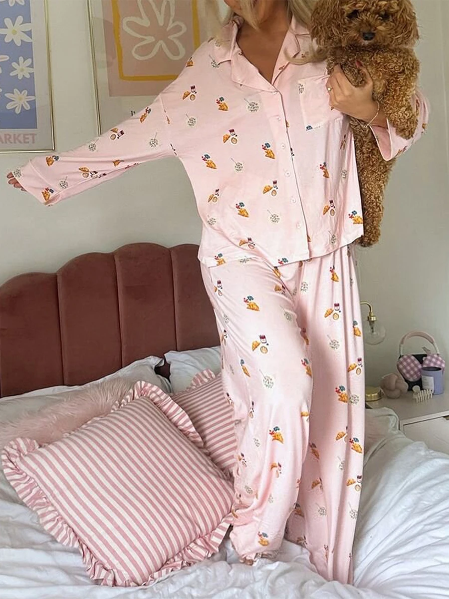 2-teiliges Pyjama-Set für Damen, langärmelig, Frühstücksdruck, Taschenhemd, Hosen-Set, Loungewear