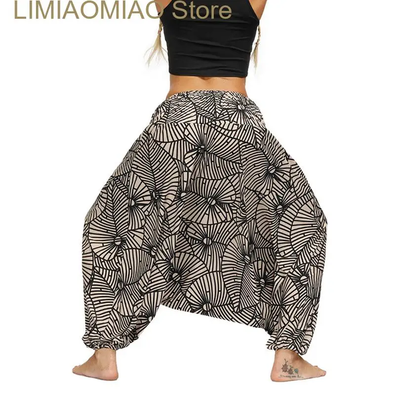 New Plus Size Bohemian Pants Women Casual High Waist Pants Hippie Joggers Cross Loose Pants Aladdin Lantern Wide Leg Bloomers