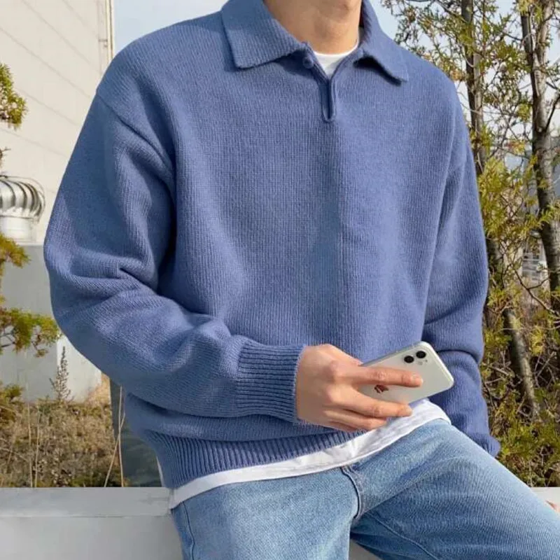 

Korean New Chic Men's Lapel Pullovers Autumn Winter New Loose Long Sleeve Sweater Vintage Kinttwear Knitting Tops