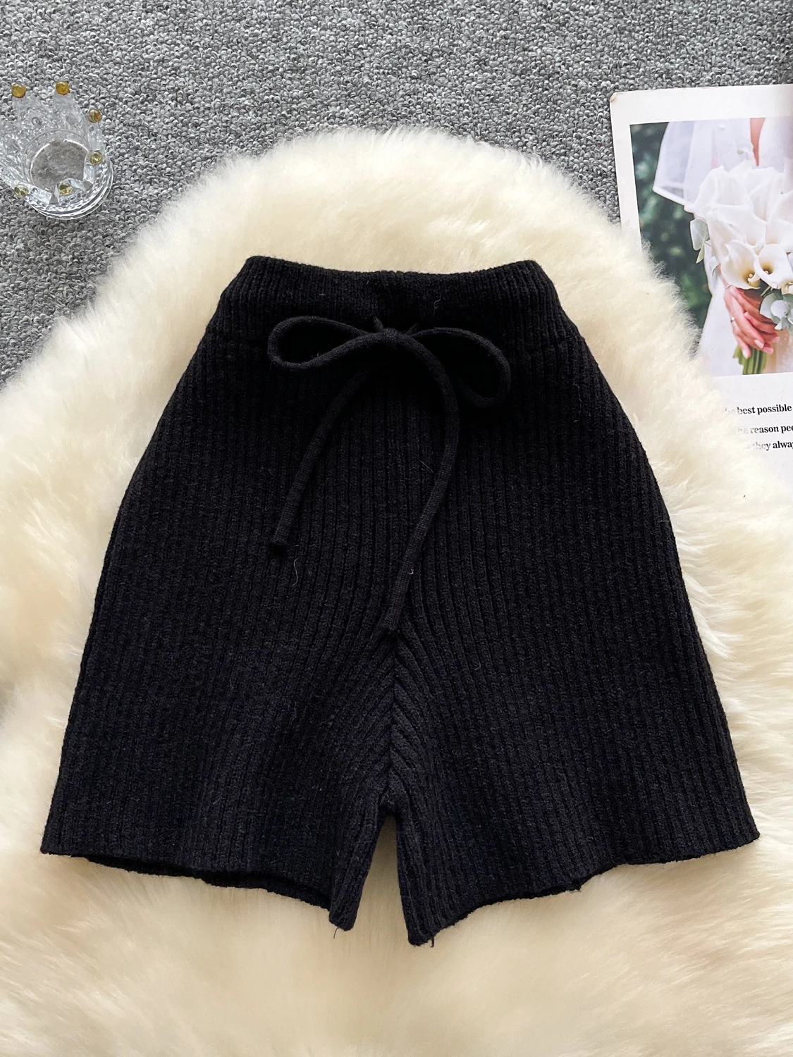 لينة محبوك ort السراويل النسائية عالية الخصر السراويل الكورية Sle عارضة شريط عمودي نمط مريح مرونة الخصر #3