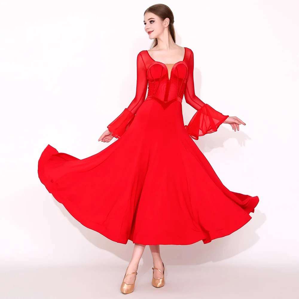 2025년 신상 우아한 볼룸 댄스 드레스 여성 공연 모던 댄스 연습 의상 긴 소매 탱고 왈츠 댄스복