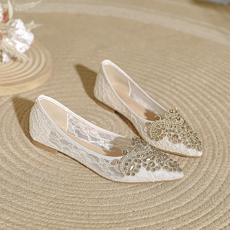 

Свадебные туфли, женские летние туфли 2023, новые кружевные дышащие женские туфли на плоской подошве, свадебные туфли для невесты, большие размеры 35-43