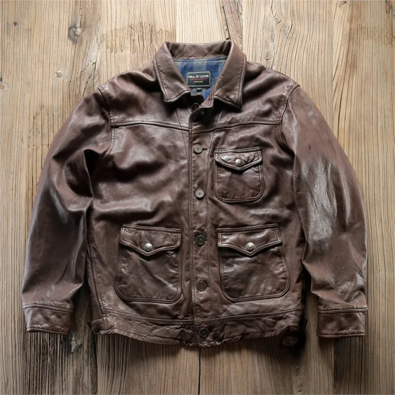 Men's irregular heavy-washed pleated vegetable-tanned leather