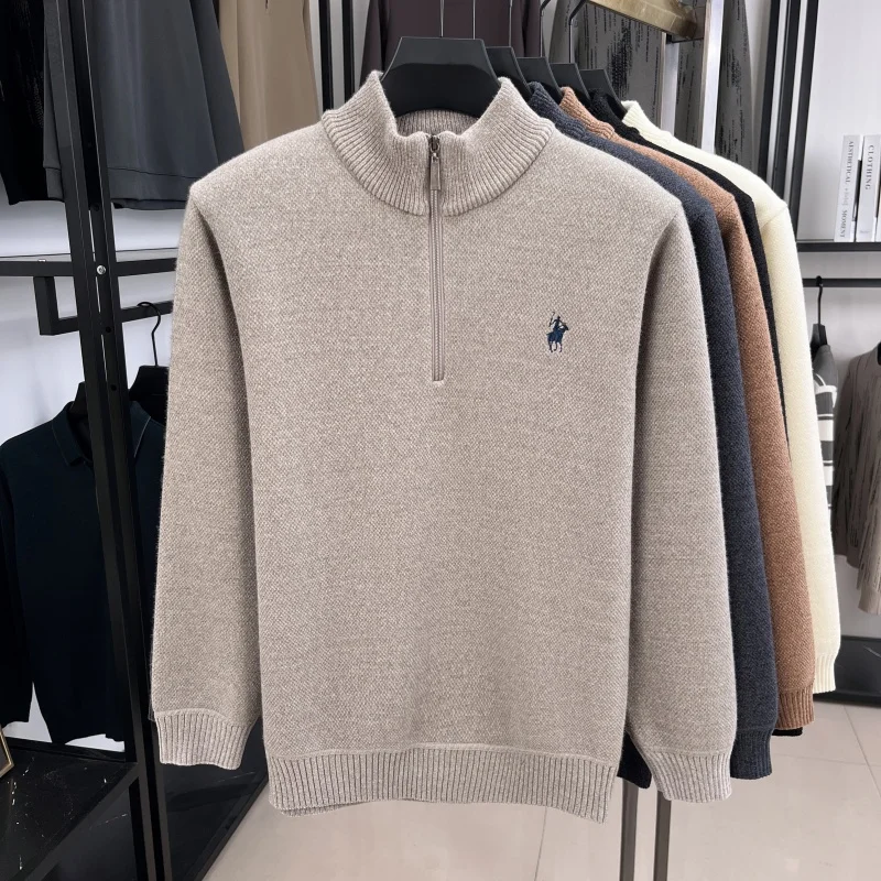 Luxuriöser Herren-Langarm-Strickpullover mit halbem Reißverschluss, Pferde-Stickerei, Stehkragen, Winter-Neuheit, Warmer, Stilvoller, Verdickter Herrenpullover – Detail 15