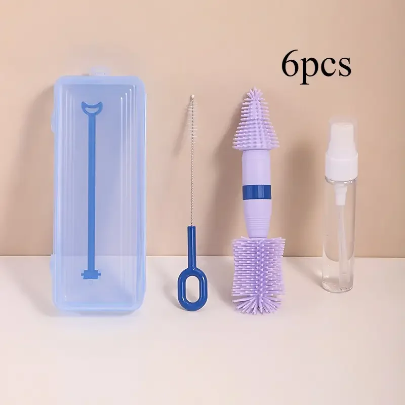 Travel baby bottle cleaning set, 6-piece silicone travel bottle brush set and drying rack, portable cleaning for nipples, straws