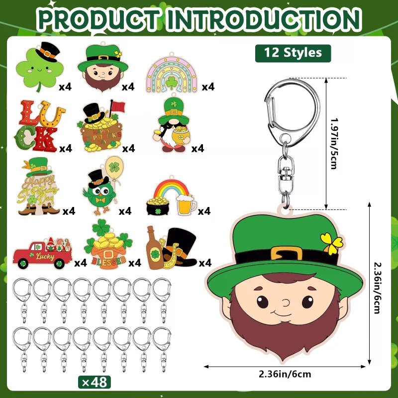 

Набор из 48 деревянных заготовок для раскрашивания: 12 стилей, для самостоятельного изготовления брелоков (День Святого Патрика)