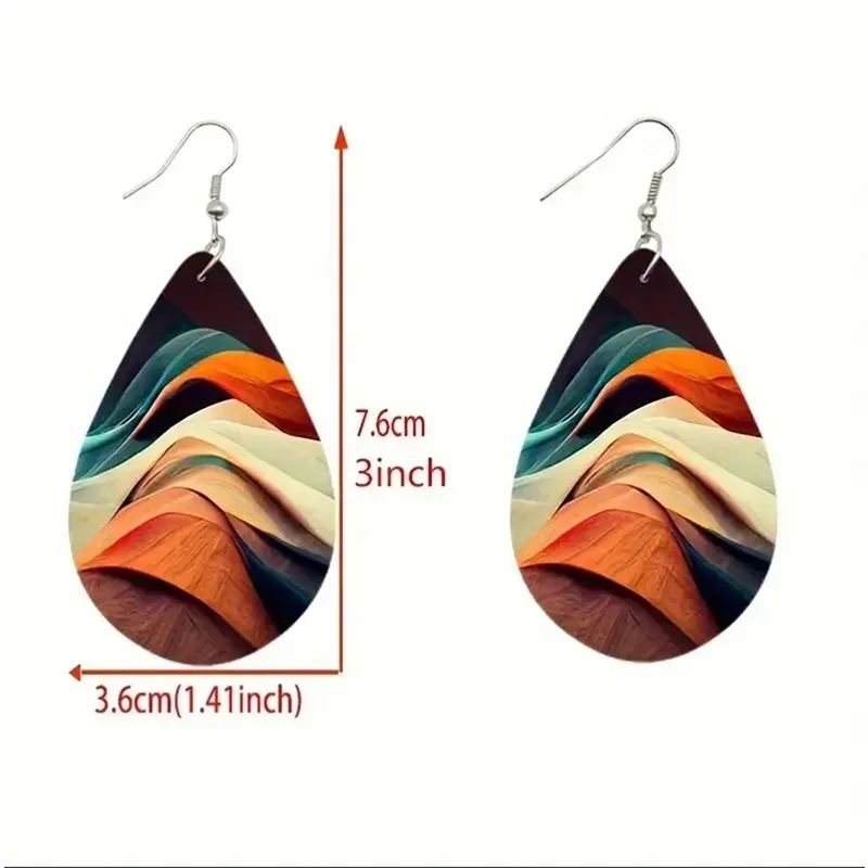 Boho Leather Water Drop Earrings Vintage Double Sided Colorful Oil Painting Earrings For Women