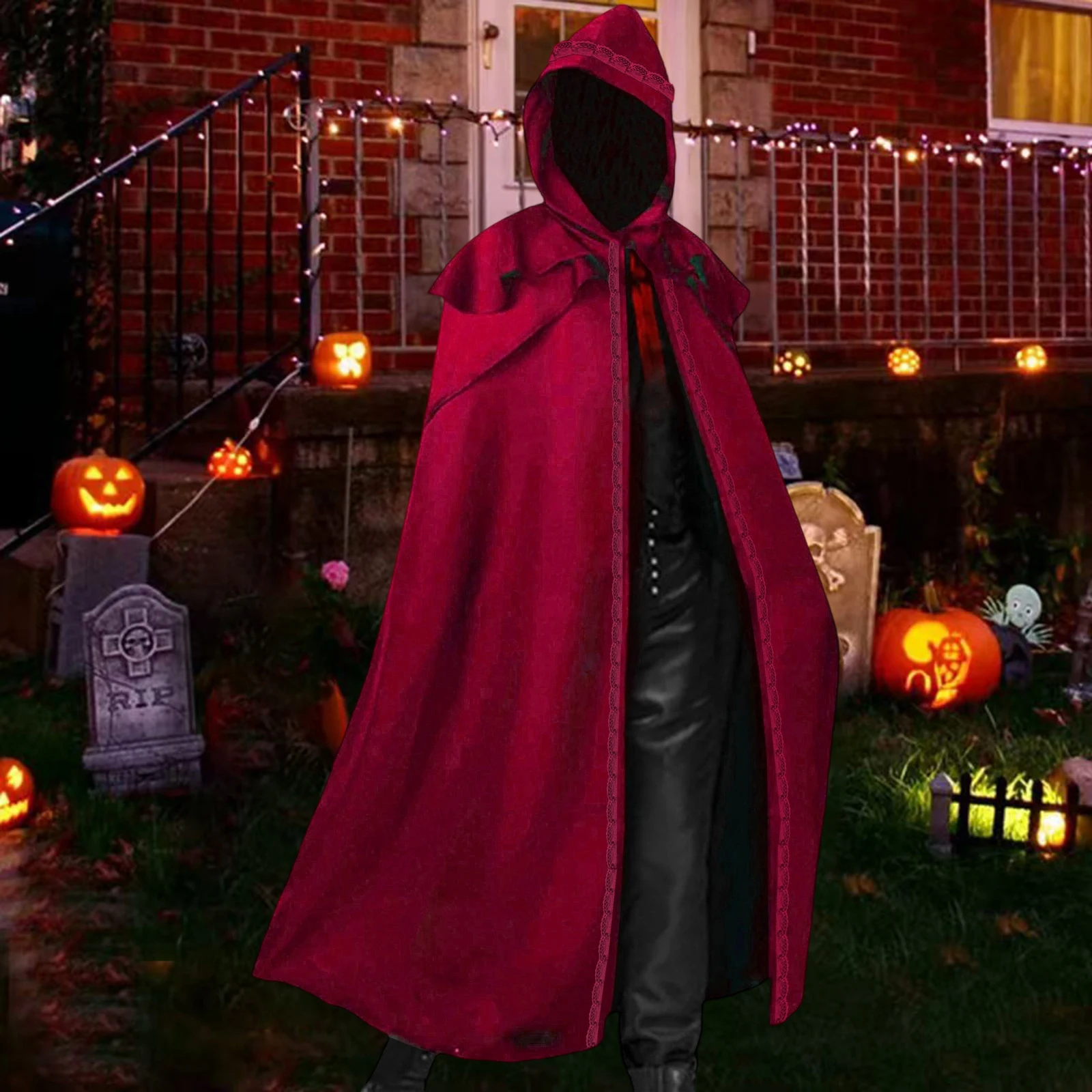 

Retro Men Halloween Hooded Cloak Tie-up Solid Long Cape Cosplay Costume for Stage Show