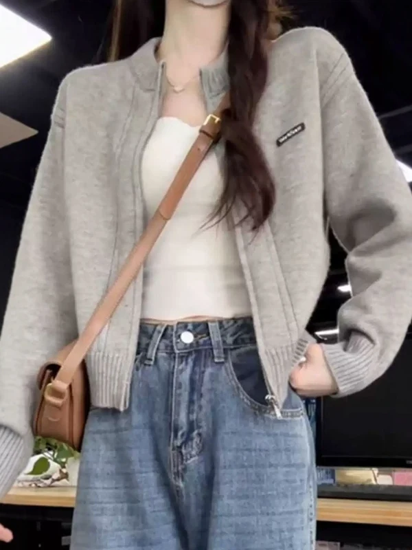 

Вязаный свитер-кардиган на молнии для женщин: элитный дизайн, свободный крой, круглый вырез, весна-осень-зима