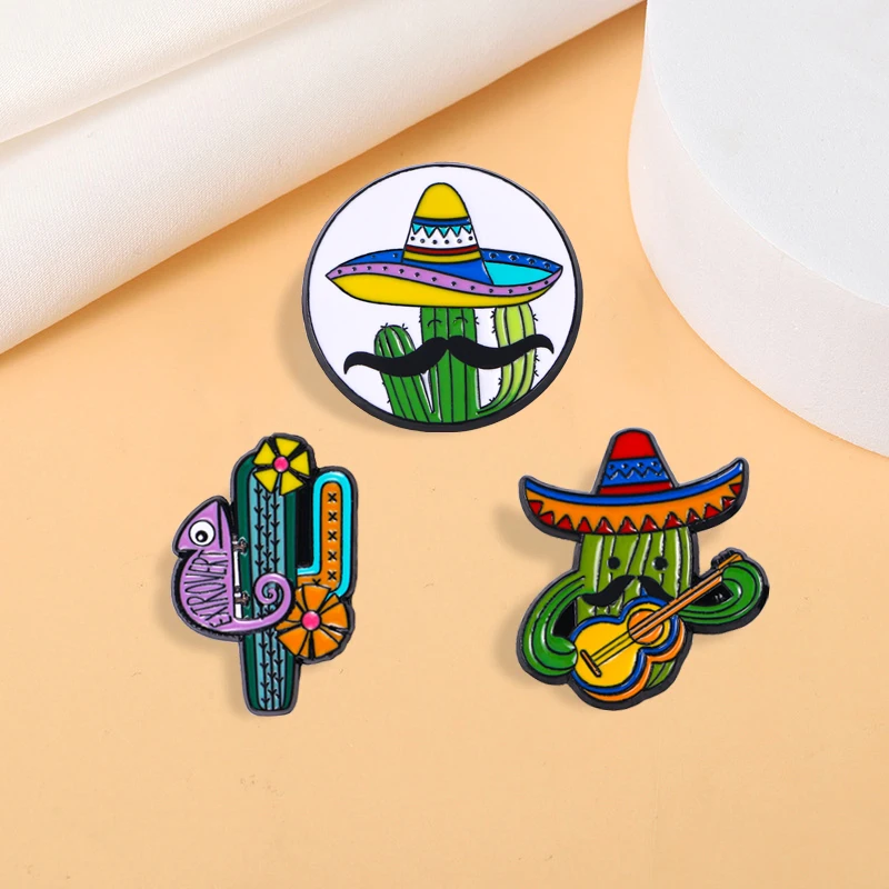 3Pcs/Set Pretty Cactus Figure Series Pins Colorful Extrovert Beard Guitar Hat Pattern Enamel Brooches Summer Jewelry