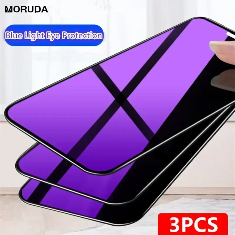 

3PCS Anti Blue-ray Tempered Glass For iPhone 15 14 13 12 11 16 Pro Max Mini X Xs Max Xr 6 7 8 Plus Full Cover Screen Glass Film