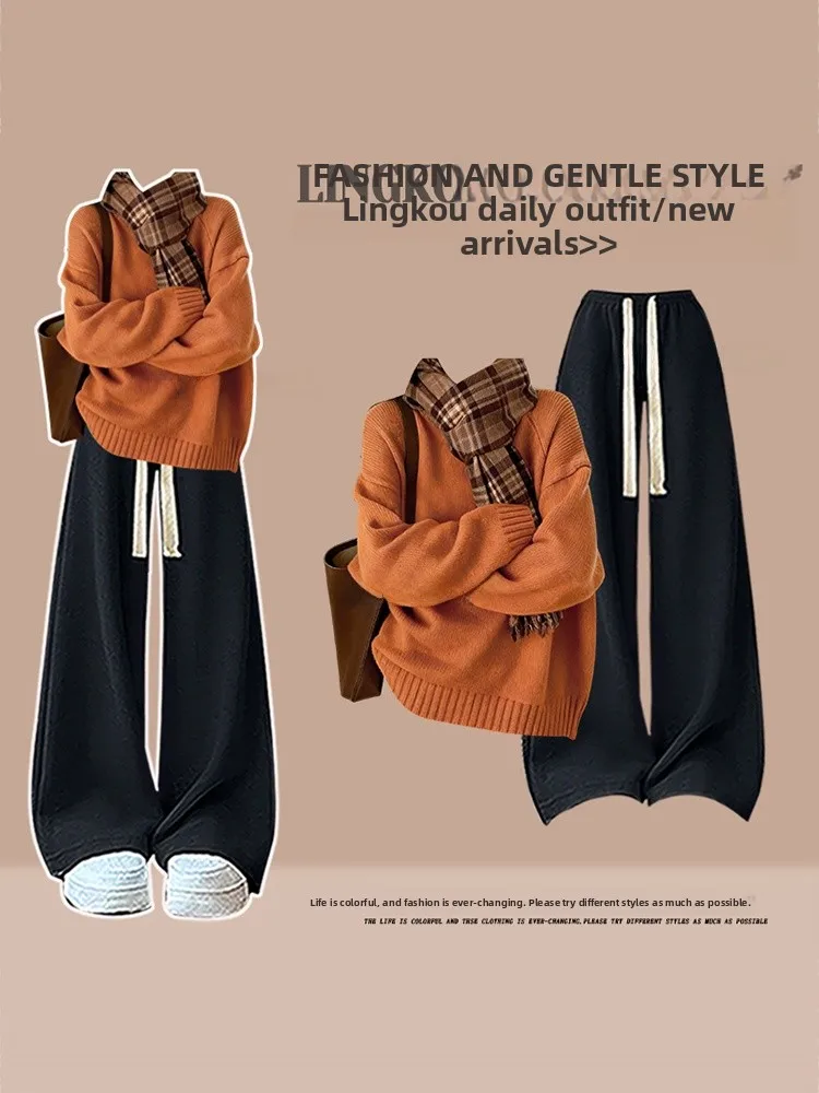 

Anti-Aging Large Size Knitted Set Casual Wide Leg Pants round Neck Long Sleeve Loose Fit Fashionable Autumn Winter Women's En...