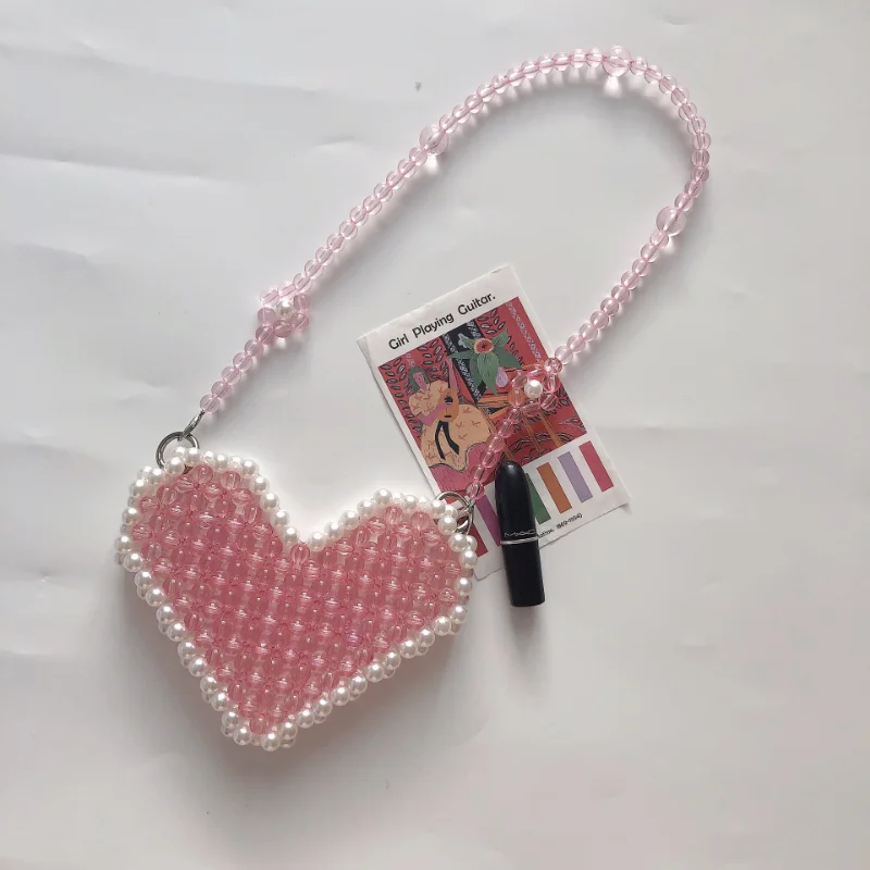 Mini Pink Pearl Love Beaded Bag Handwoven Women\'s Shoulder Crossbody Bags Fashion Peach Heart Lipstick Wallet Small Handbag