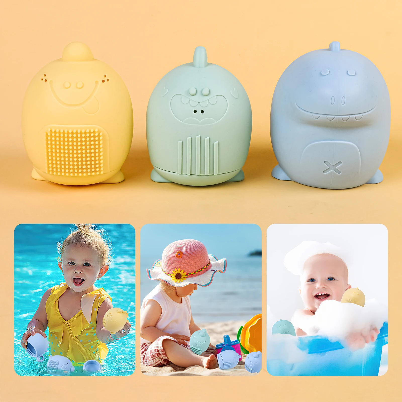 Jouets de bain en silicone pour bébés, requin de bain, jouets de piscine d'animaux de dessin animé, jouets compressibles pulvérisables, dos de bain pour bébé, 3 pièces