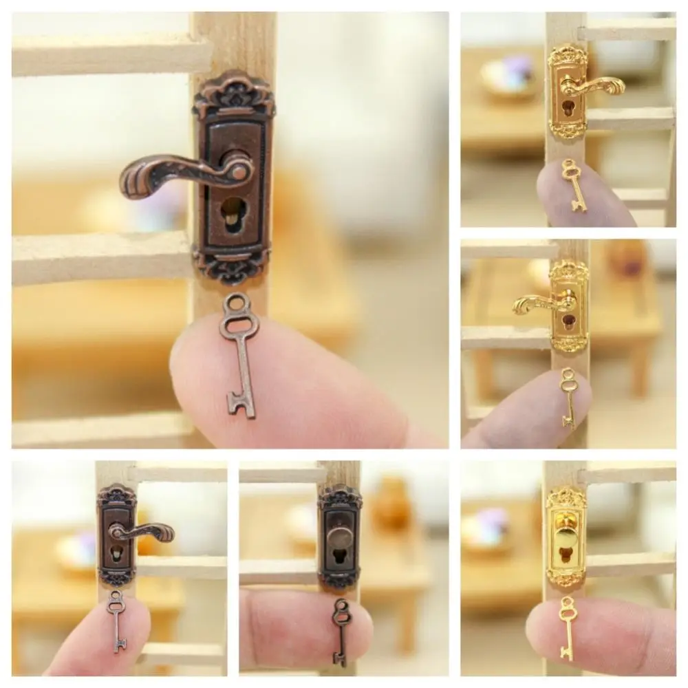 1:12 DIY Pretend Play Toy Gold Bronze Doll House Accessories with Keyhole Knobs Keys Set Miniature Door Handles Kids Gift