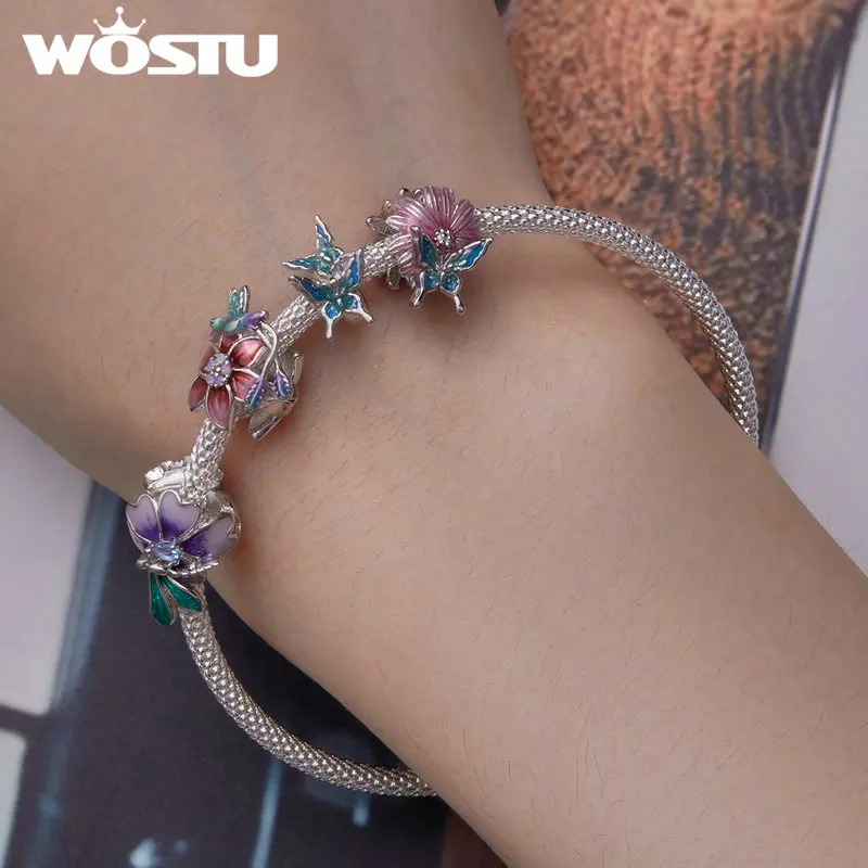 WOSTU 925 Sterling Silver Dragonfly&Bird&Butterfly Flower Bead Pendant Vintage Charm Fit Orignal Bracelet Necklace Jewelry Gift