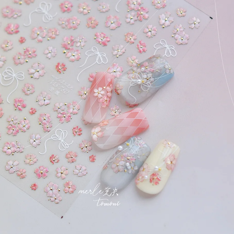 

Cherry Blossom Pink Flower Sakura Spring 5D Nail Art Sticker Gold Stamping Soft Adhesive Relief Adhesive Chic Manicure Decals
