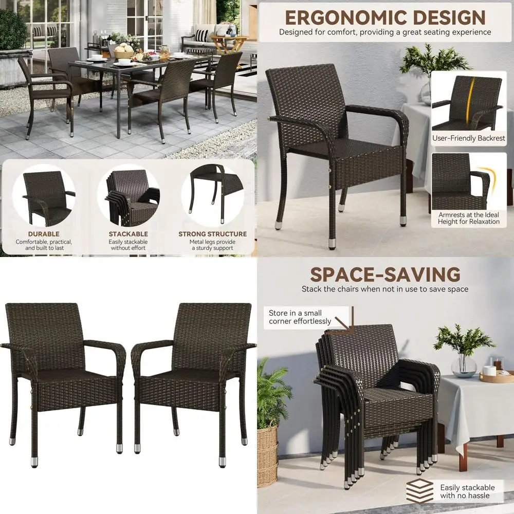 Stackable Rattan Outdoor Dining Chairs, Weather-Resistant with Armrests, Suitable for Patio, Deck, Yard, Poolside, Brown