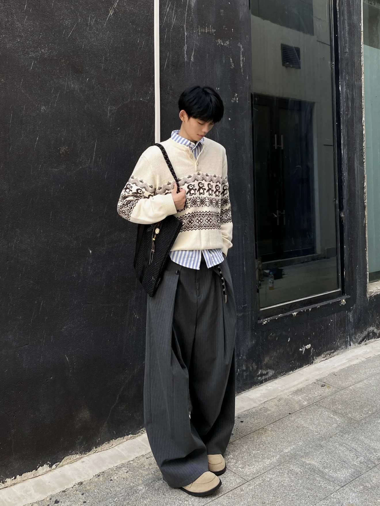 Cisas ペンギン レトロ フェアアイル ニット ラウンドネック セーター メンズ カジュアル 秋冬 多用途デザイン ロング丈 暖かい...