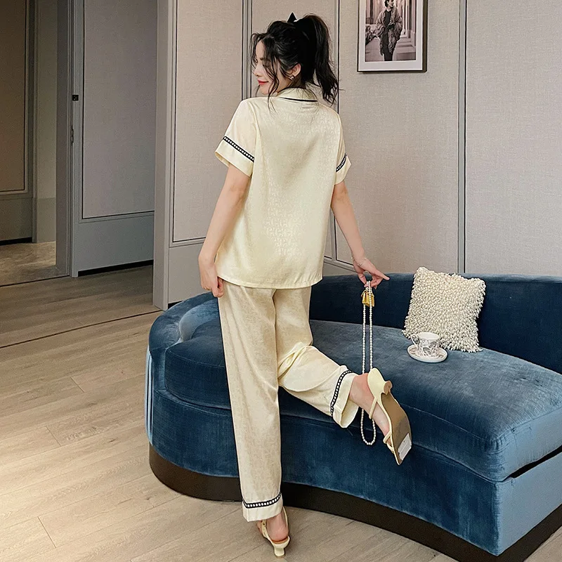 Spring New Ice Silk Screen Flower Pajamas Women Short Sleeve Pants Fashion Atmosphere Loose High-grade Sense Of Pyjamas Sets Pj