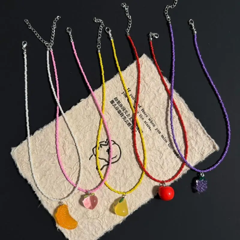 Various Fruit Pendant Necklace For Girl Women Handmade Rice Beads Bohemian Choker Watermelon Lemon Strawberry Jewelry