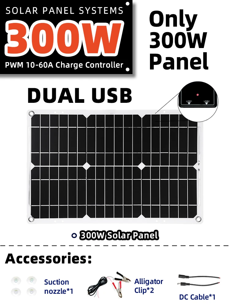 Solar Panel 300W 18V Cable Car Battery Solar Panel System Kit Portable Flexible Controller 2 USB Output Smart Camping