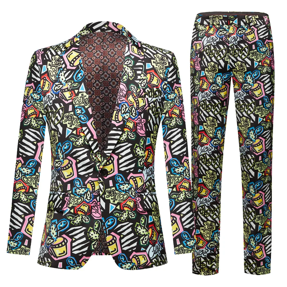 

Fashion Men‘s Casual Black Cactus Printing Suit / Male Slim Stage Party Singer Host 2 Pcs Blazers Sets Jacket Pants