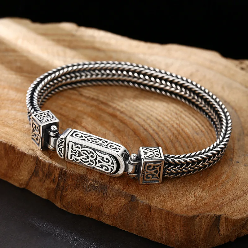 925 Sterling Men'S And Women'S Woven Arabesque Pattern Bracelet, Thai Silver Vintage Jewelry